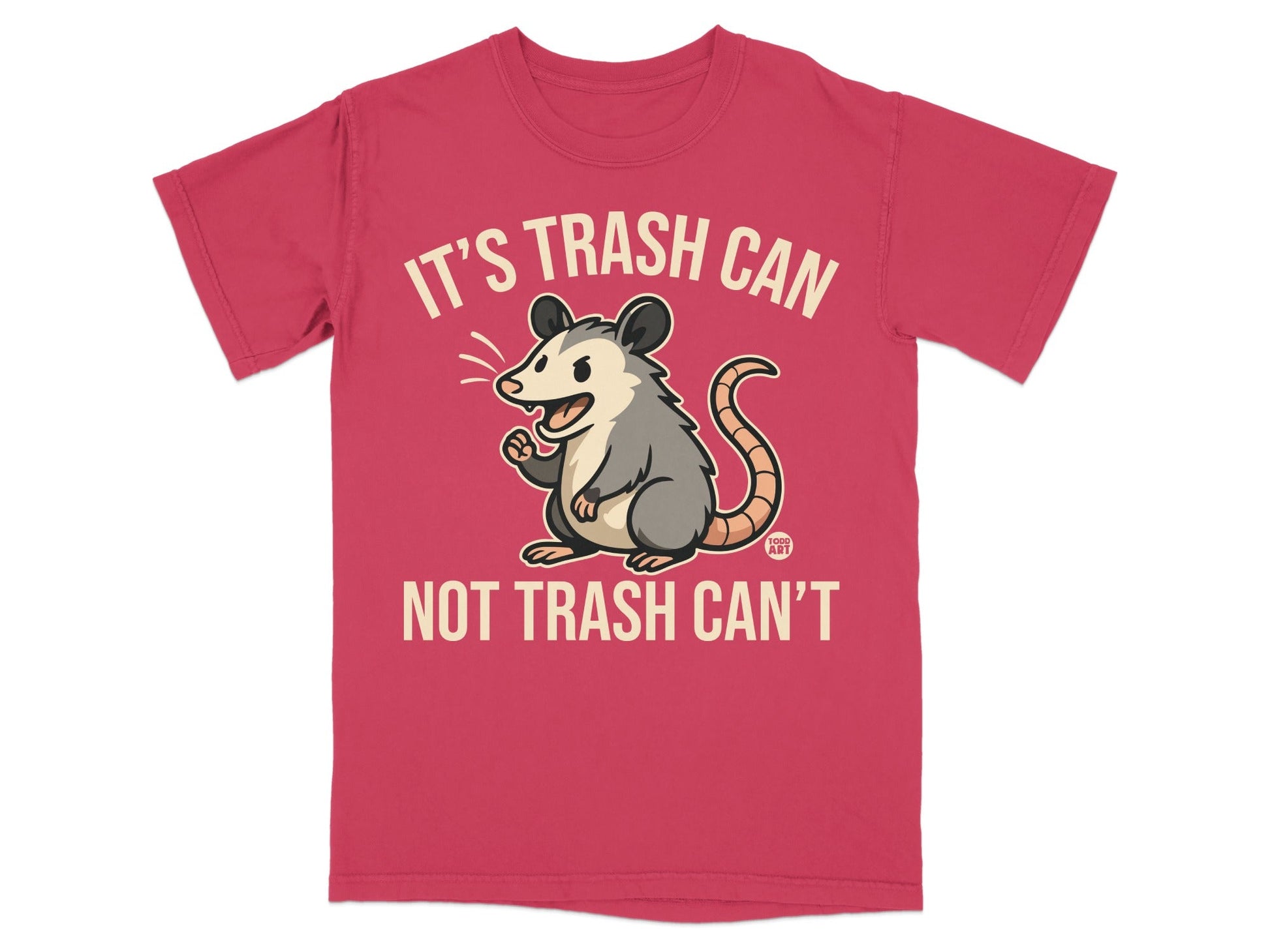 T-shirt with cartoon possum and "It's trash can, not trash can't" text.