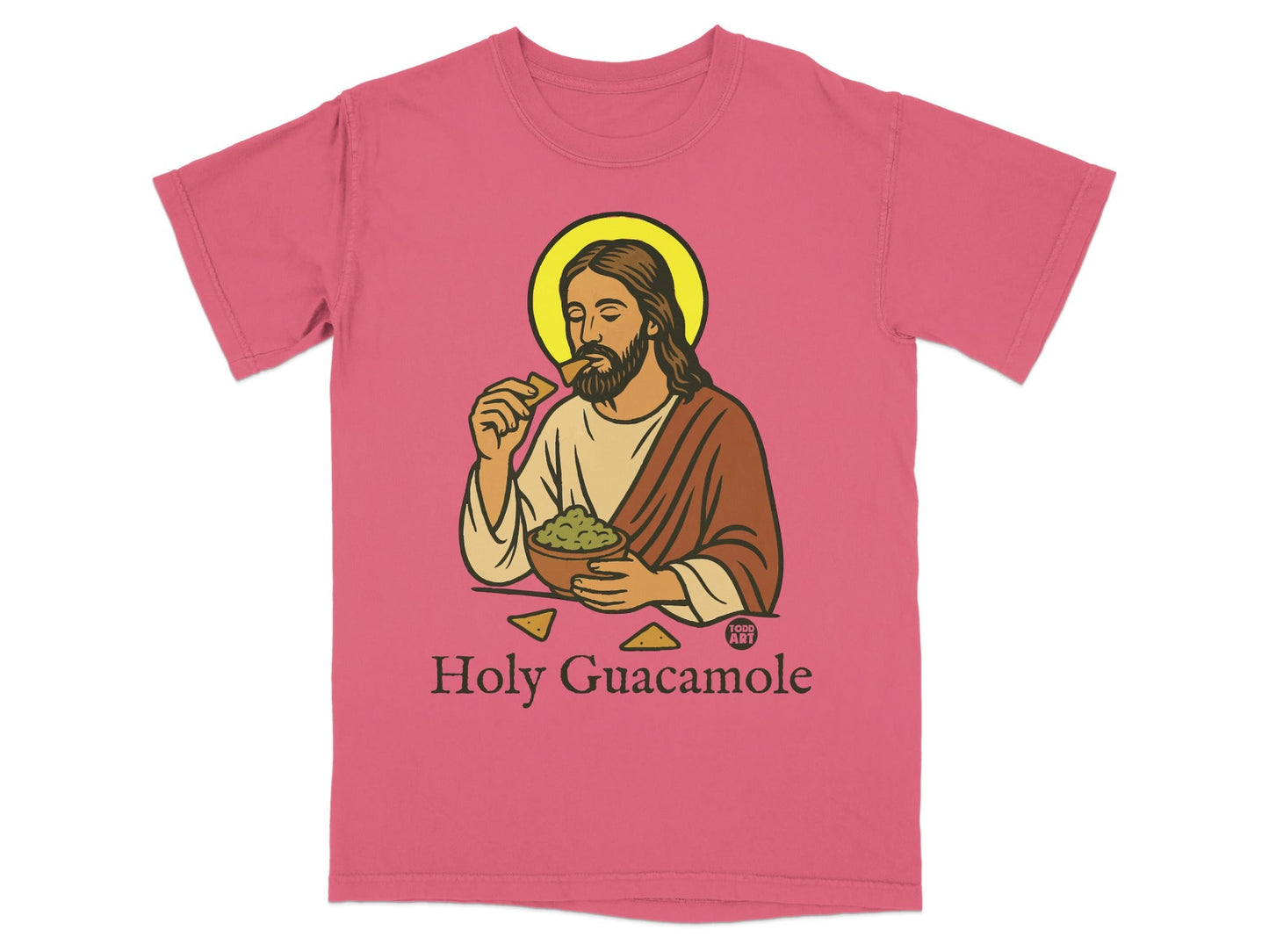 Jesus eating guacamole from a bowl on a pink t-shirt.