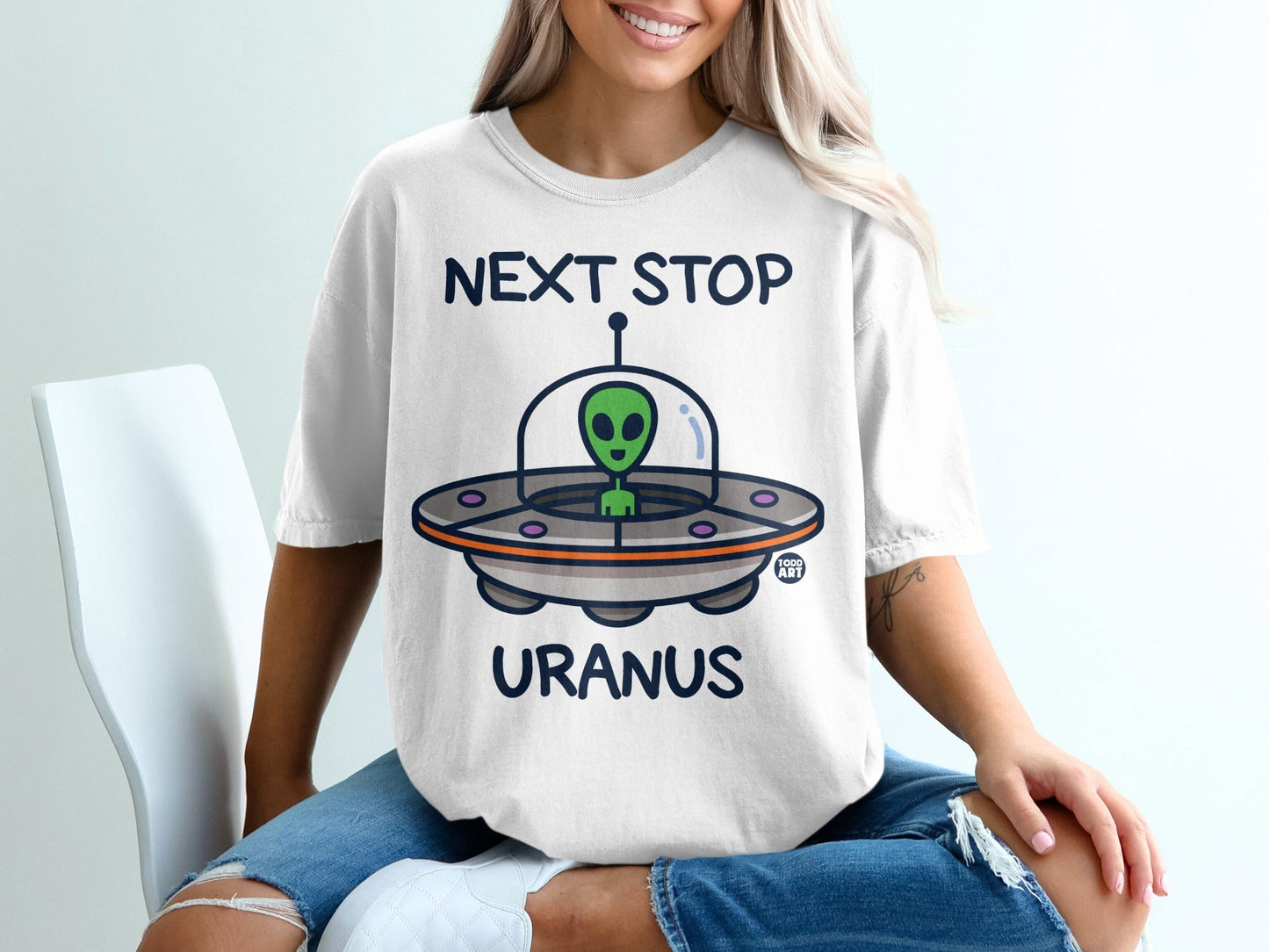 Next Stop Uranus Alien Spaceship Graphic Shirt