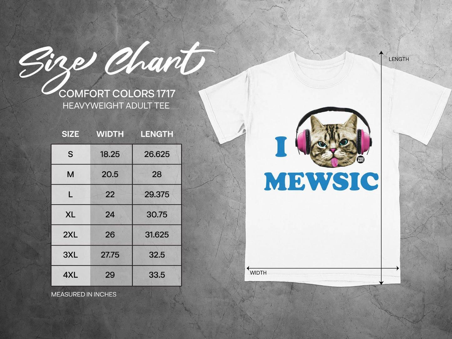 Size chart for Comfort Colors 1717 heavyweight adult tee with "MEWSIC" graphic.