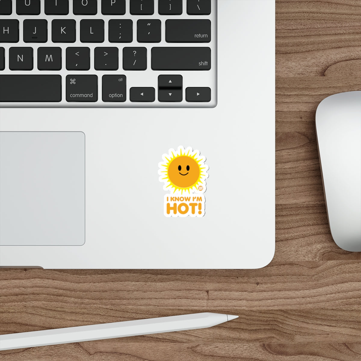 Sticker of a smiling sun with text "I KNOW I'M HOT!".