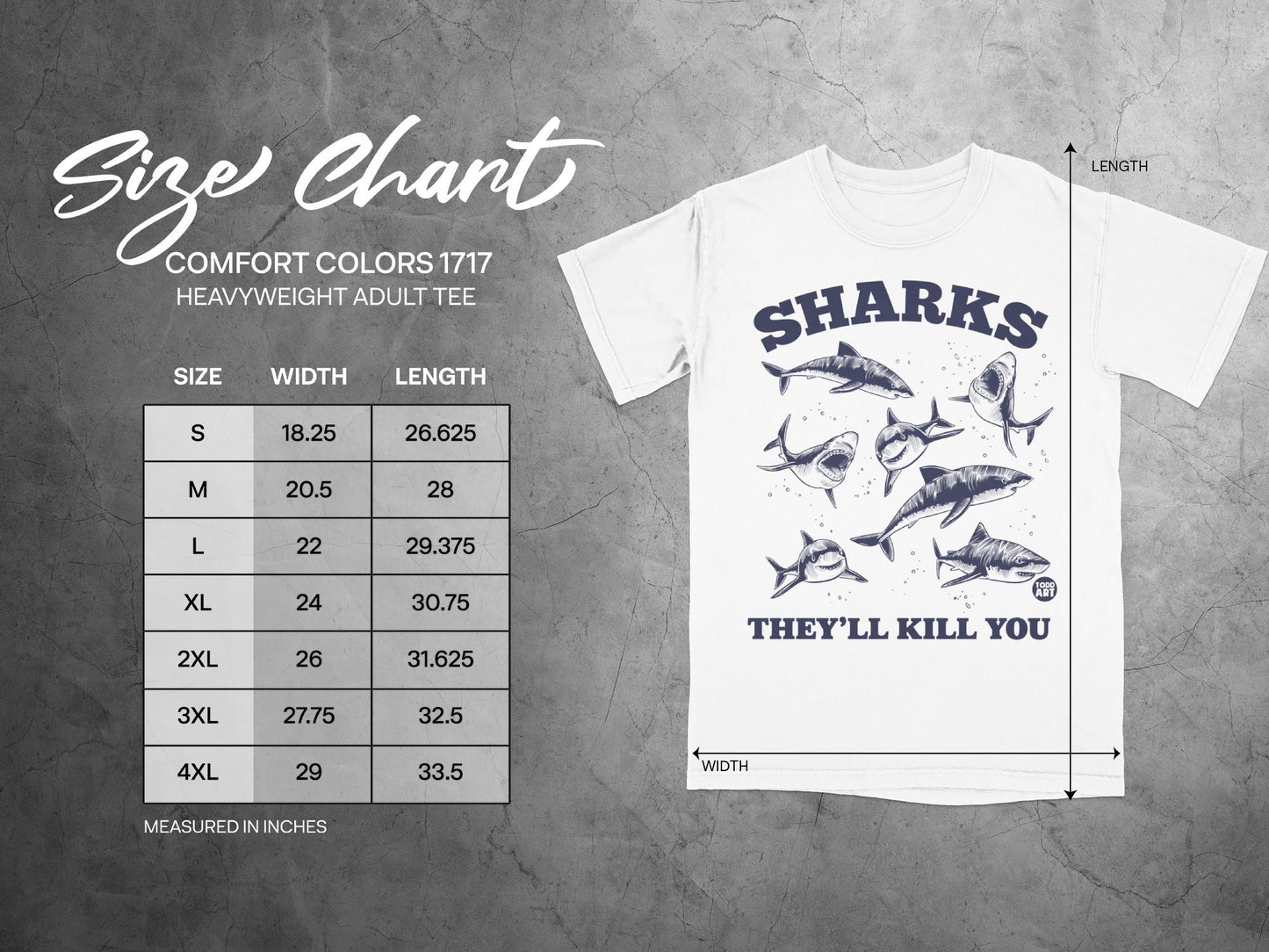 Size chart for a Comfort Colors 1717 heavyweight adult tee with sharks graphic.