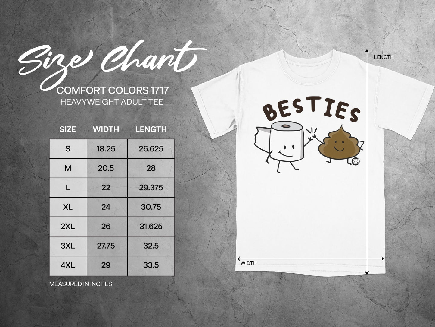 Size chart for Comfort Colors 1717 heavyweight adult tee with "BESTIES" graphic.