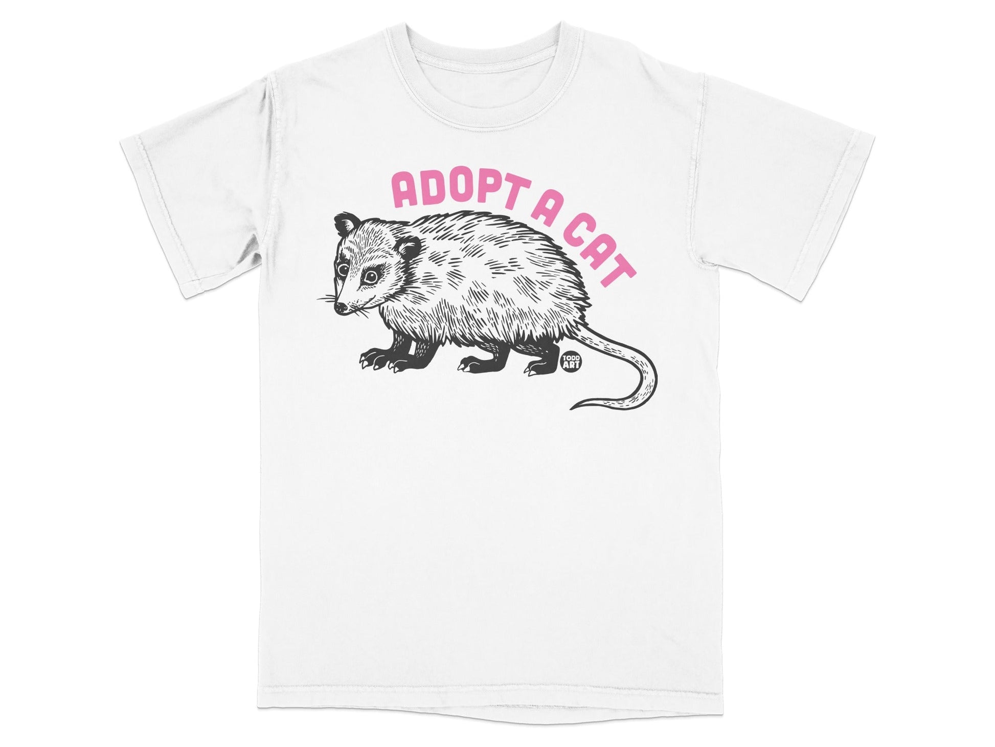 White t-shirt with pink text reading "Adopt a Cat" and a black line drawing of an opossum.