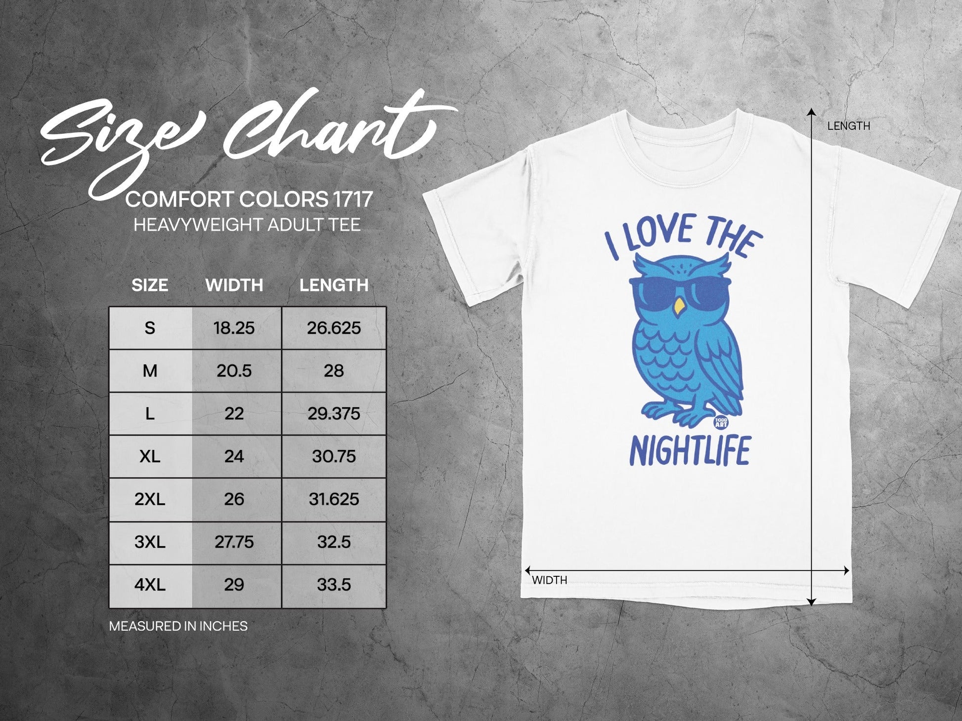 Comfort Colors 1717 heavyweight adult tee size chart with owl graphic.