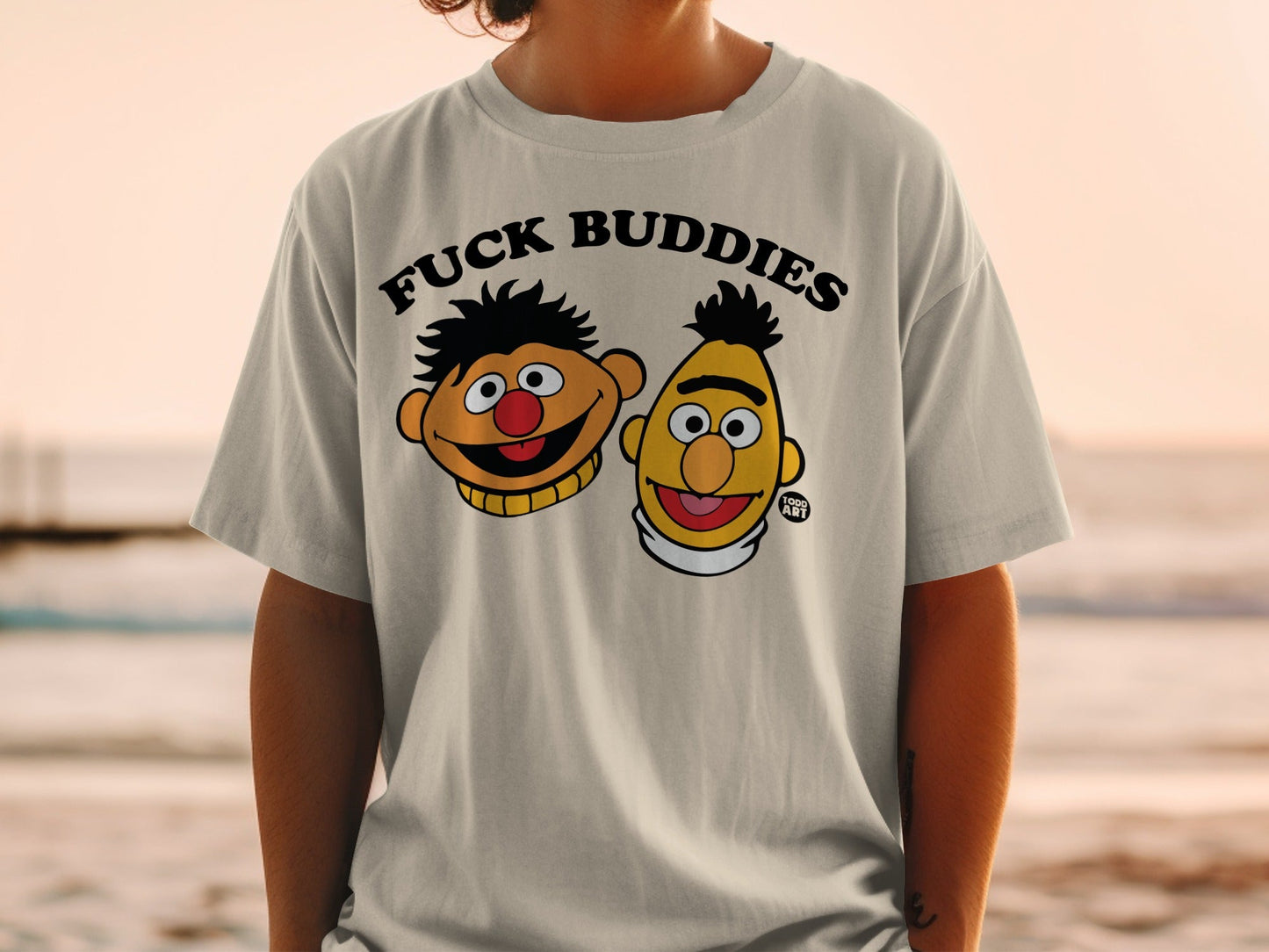 T-shirt with Ernie and Bert cartoon characters and "FUCK BUDDIES" text.