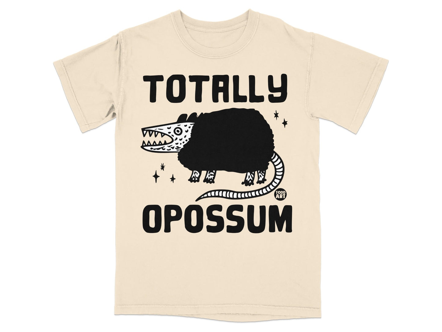 Beige t-shirt with black opossum graphic and "TODD ART" logo.