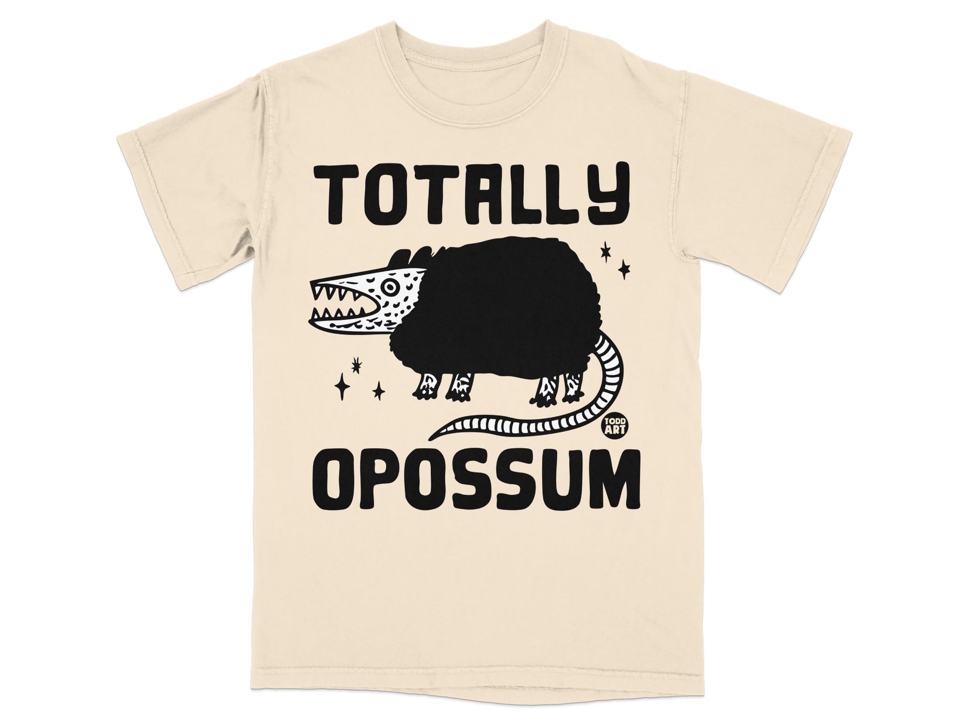Beige t-shirt with black opossum graphic and "TODD ART" logo.