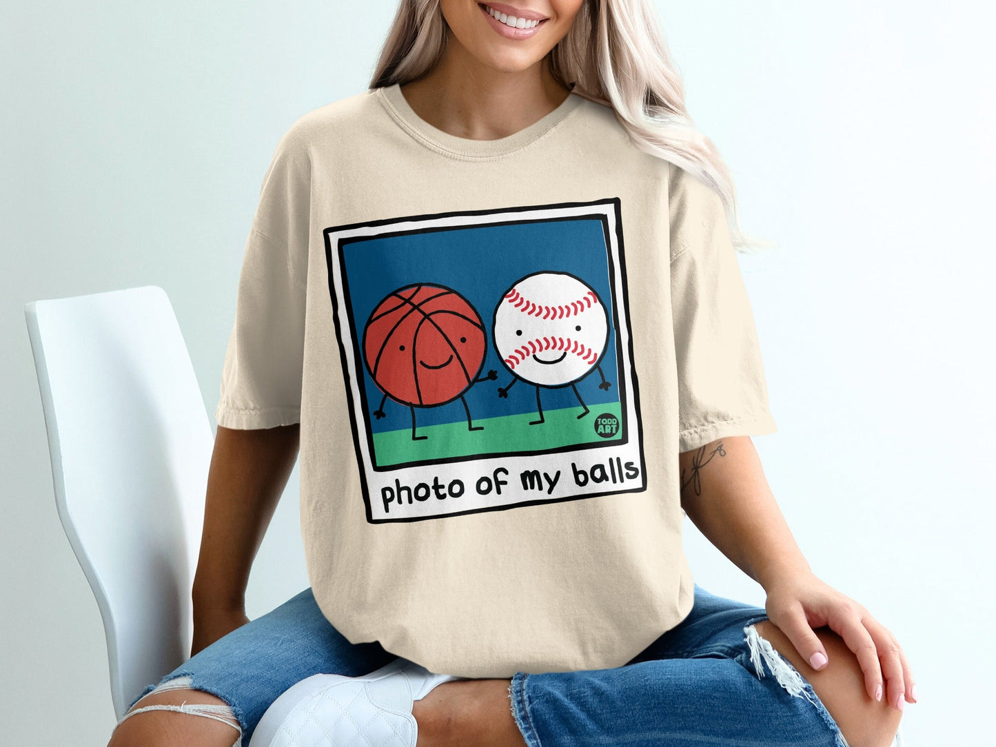 Cartoon basketball and baseball characters holding hands on blue background.