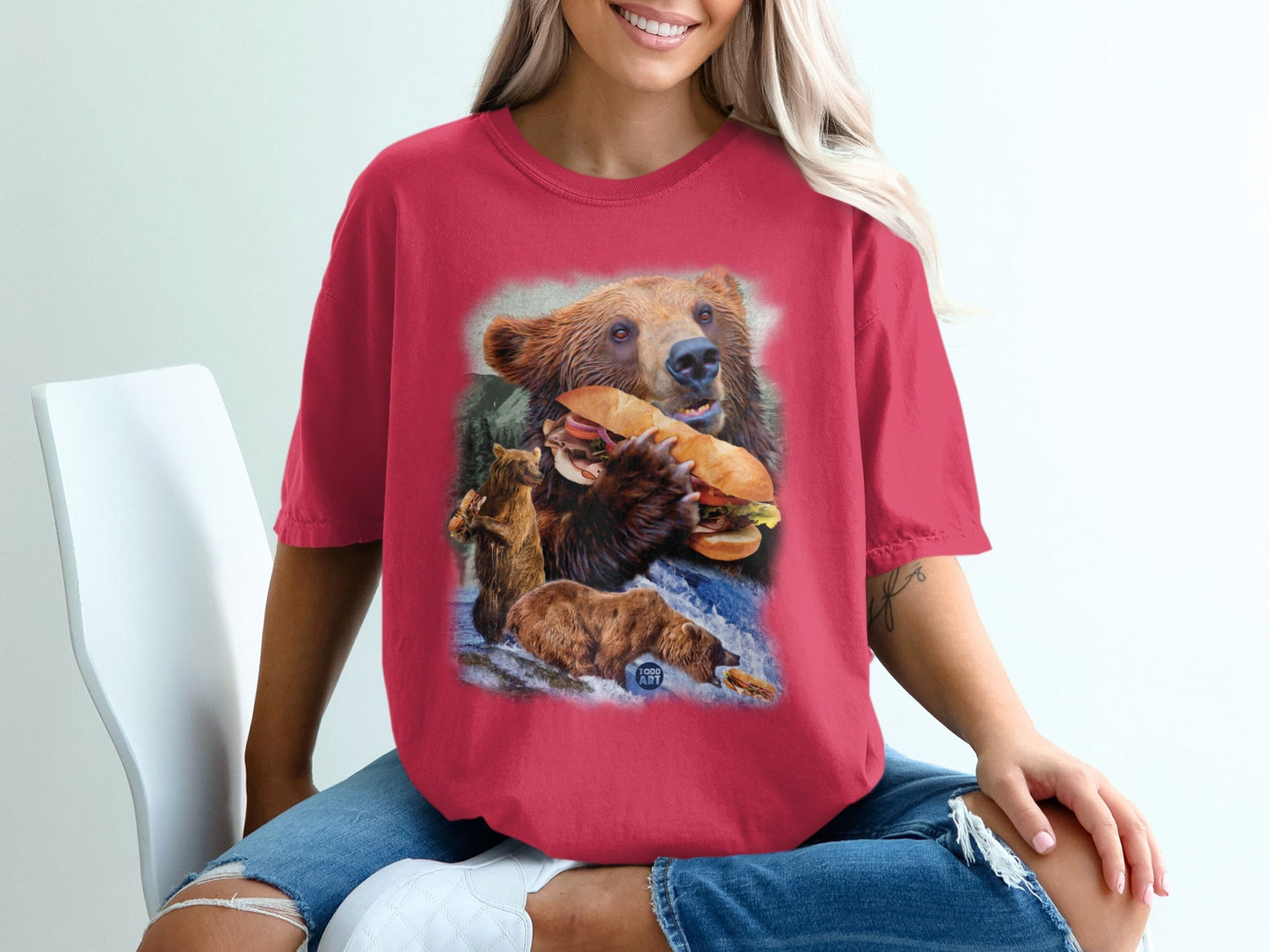 Bear Eating a Sandwich Funny Graphic Print T-Shirt