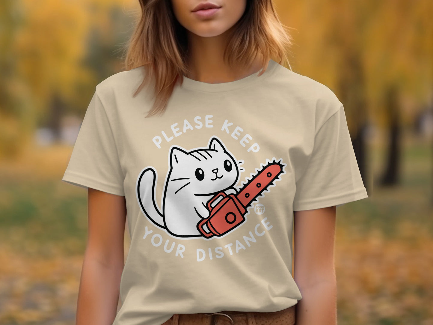 Please Keep Your Distance Cat with Chainsaw T-shirt