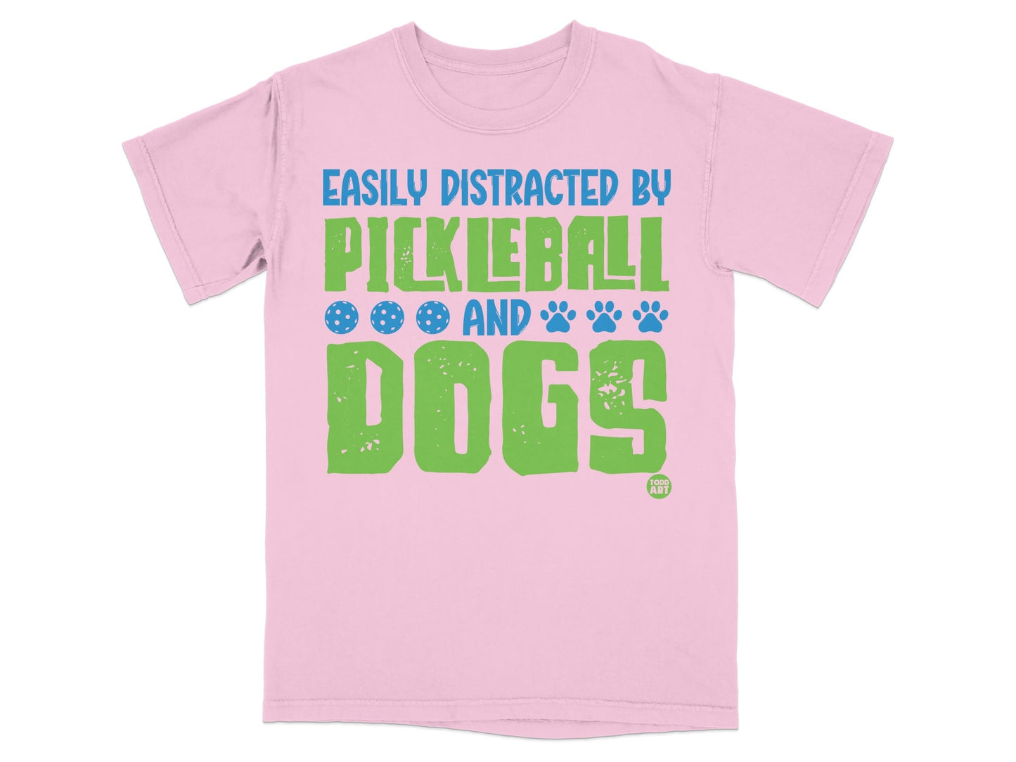 Pink t-shirt with "Easily Distracted by Pickleball and Dogs" text and icons.