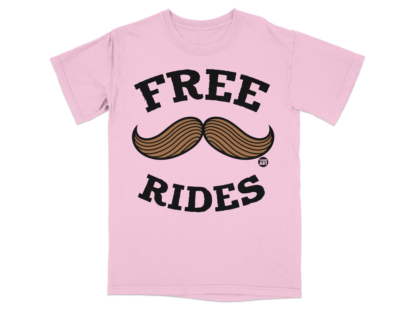 Pink t-shirt with "FREE RIDES" and a mustache graphic.