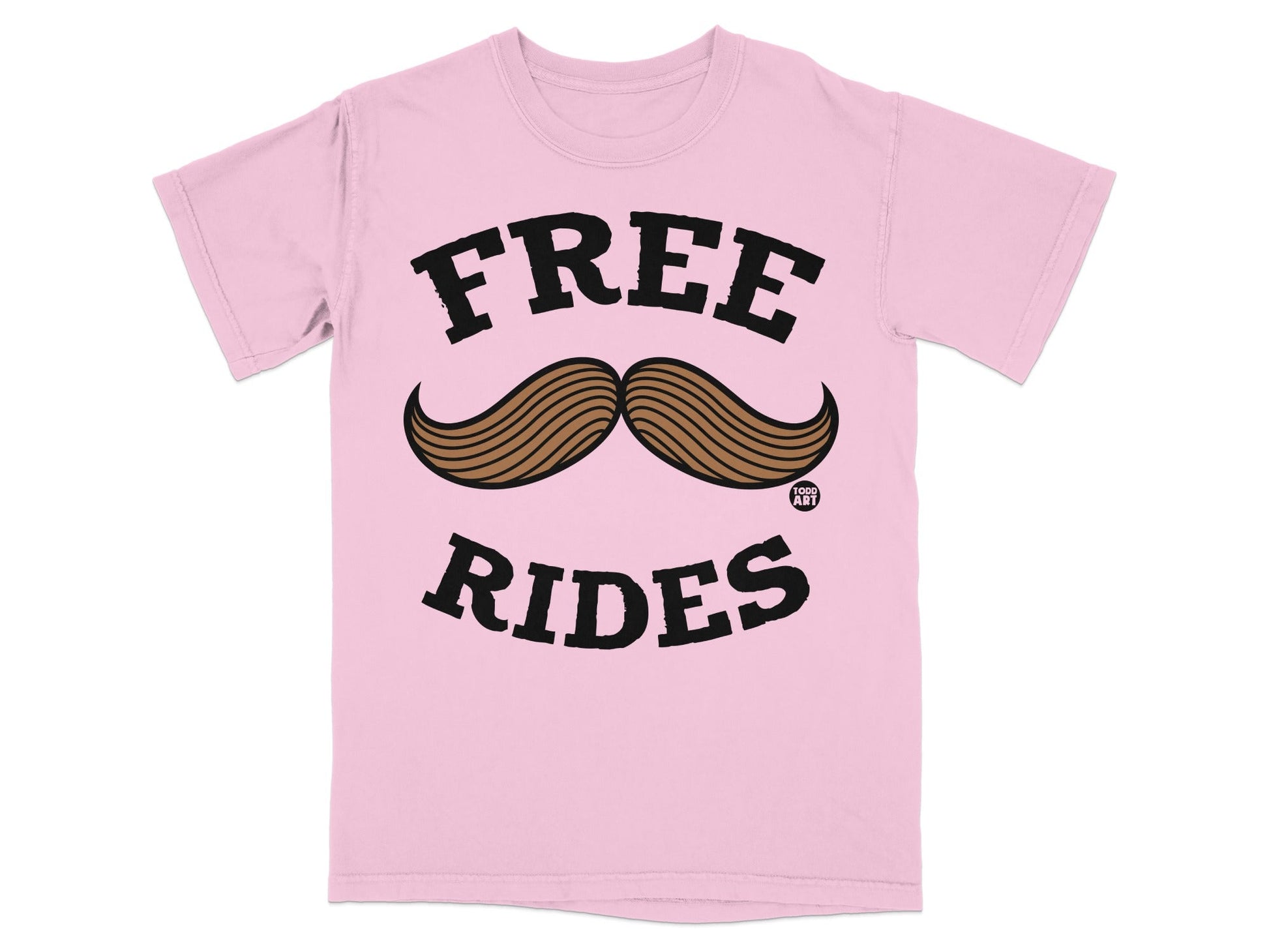 Pink t-shirt with "FREE RIDES" and a mustache graphic.