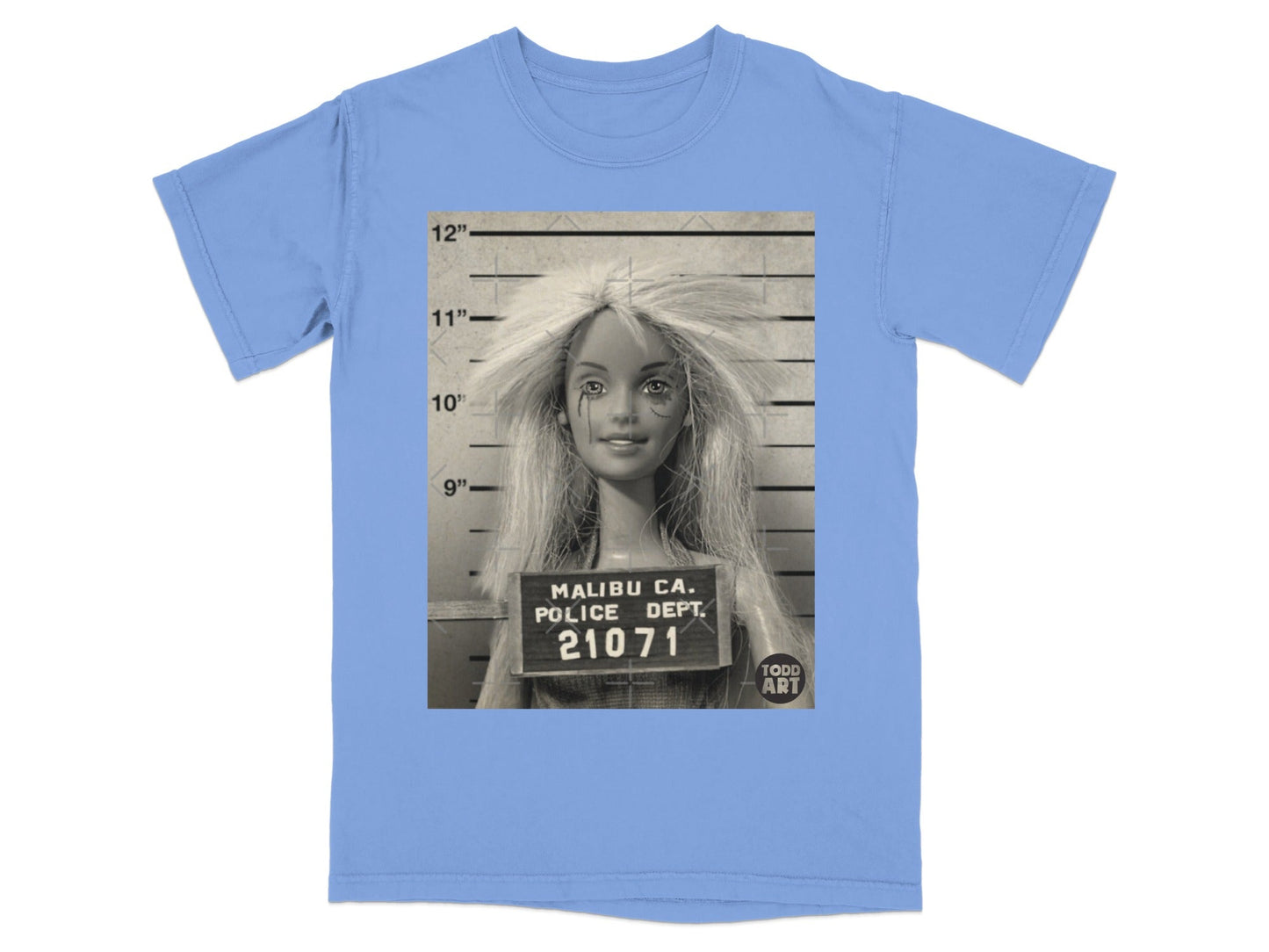 Mugshot of a Barbie doll with "Malibu CA Police Dept." and number 21071.