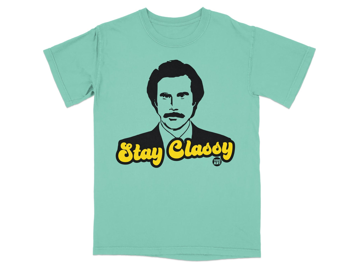 Teal t-shirt featuring Ron Burgundy's portrait with "Stay Classy" text.