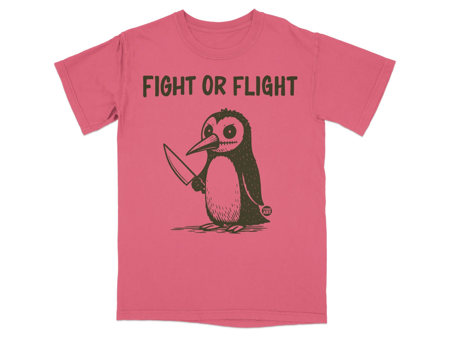 T-shirt with a cartoon penguin holding a knife, text "FIGHT OR FLIGHT".