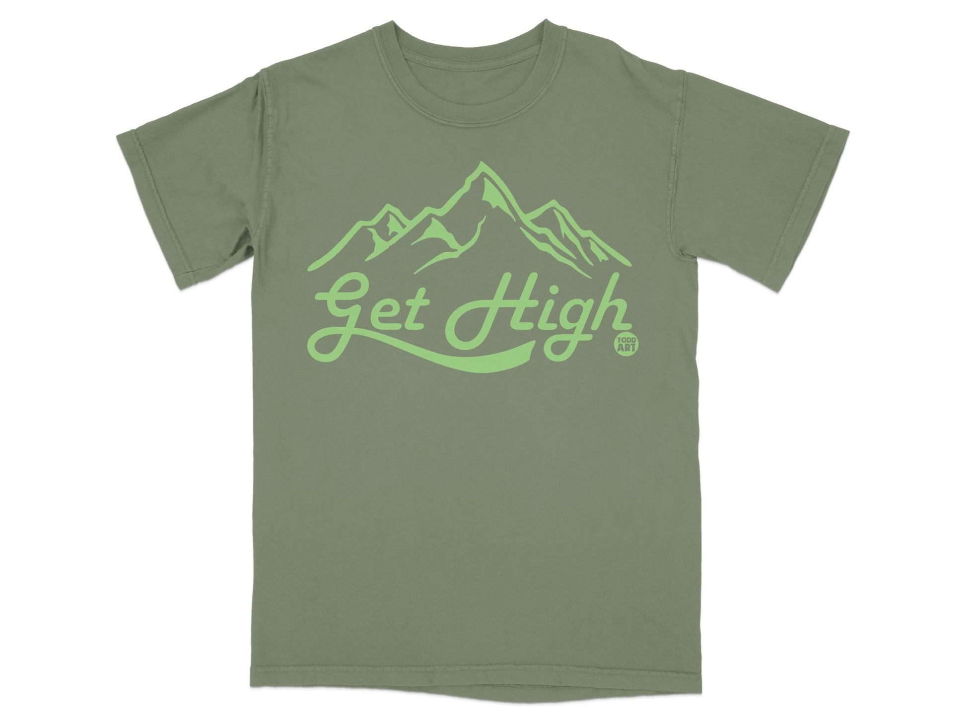 Green t-shirt with "Get High" text and mountain graphic.