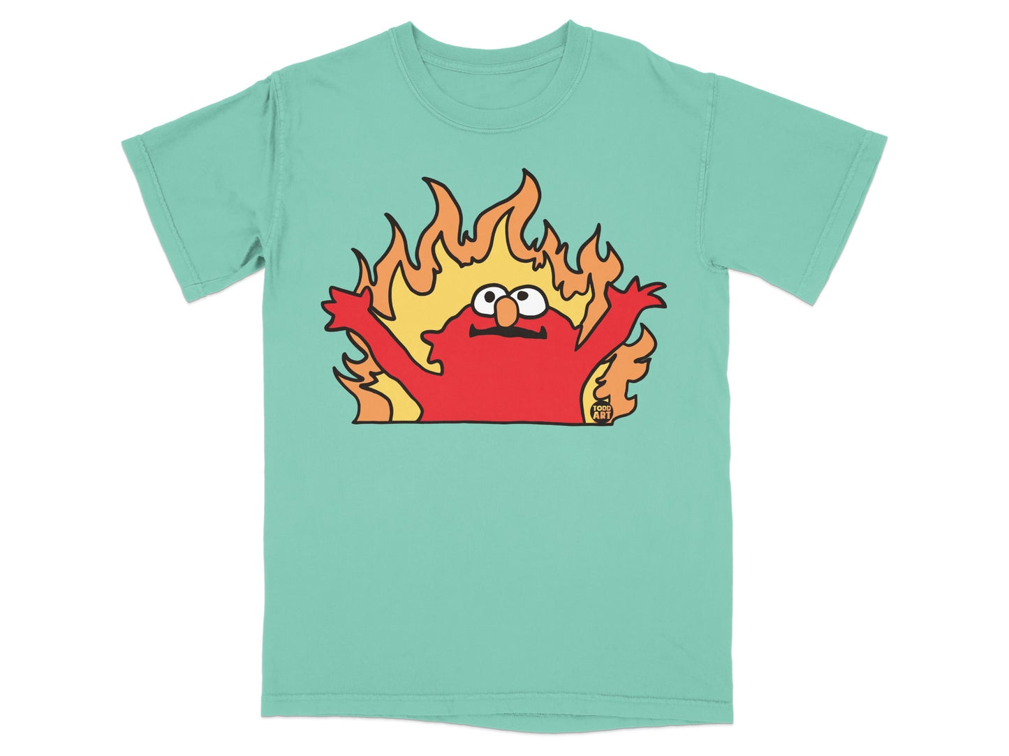 Elmo engulfed in cartoon flames on a teal t-shirt.