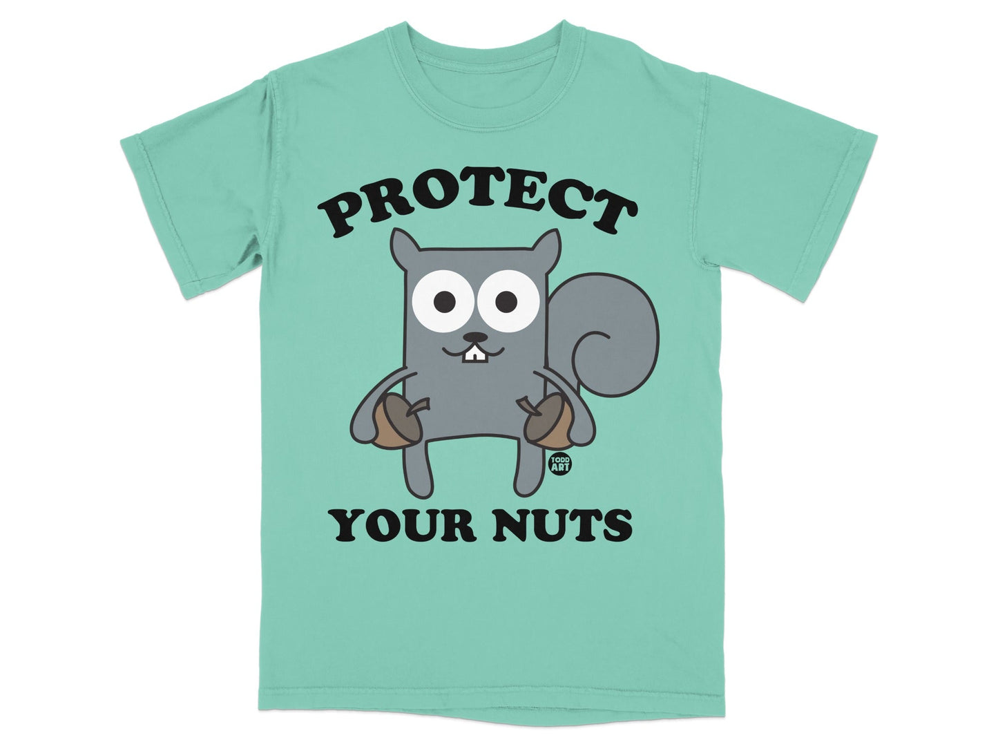T-shirt with cartoon squirrel holding acorns and text "PROTECT YOUR NUTS".