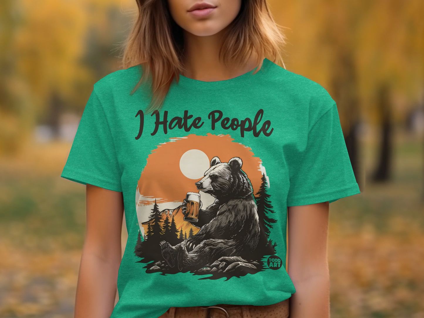 I Hate People Bear Drinking Beer Funny Graphic T-Shirt