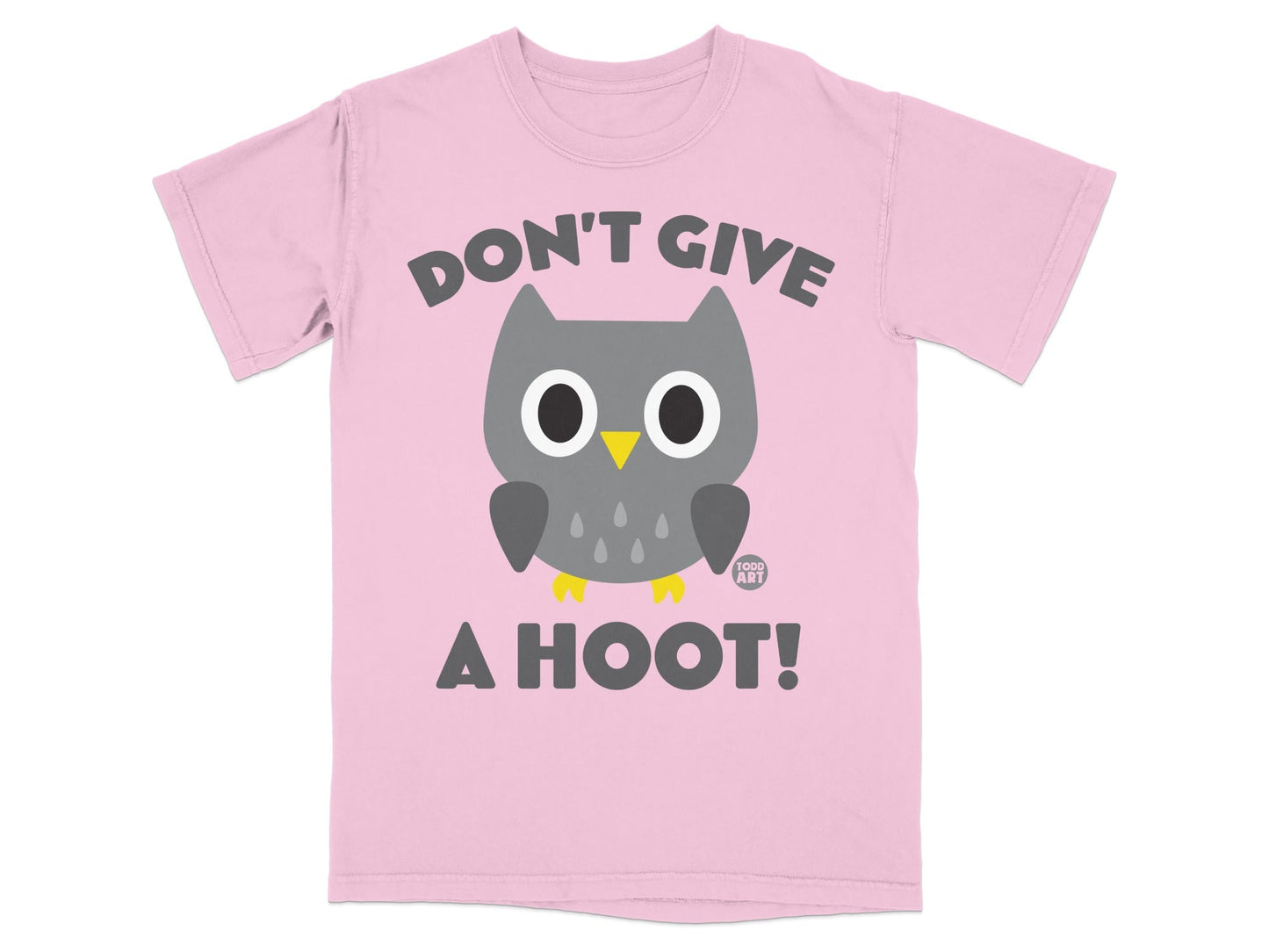 Pink t-shirt with gray owl graphic and text "DON'T GIVE A HOOT!".