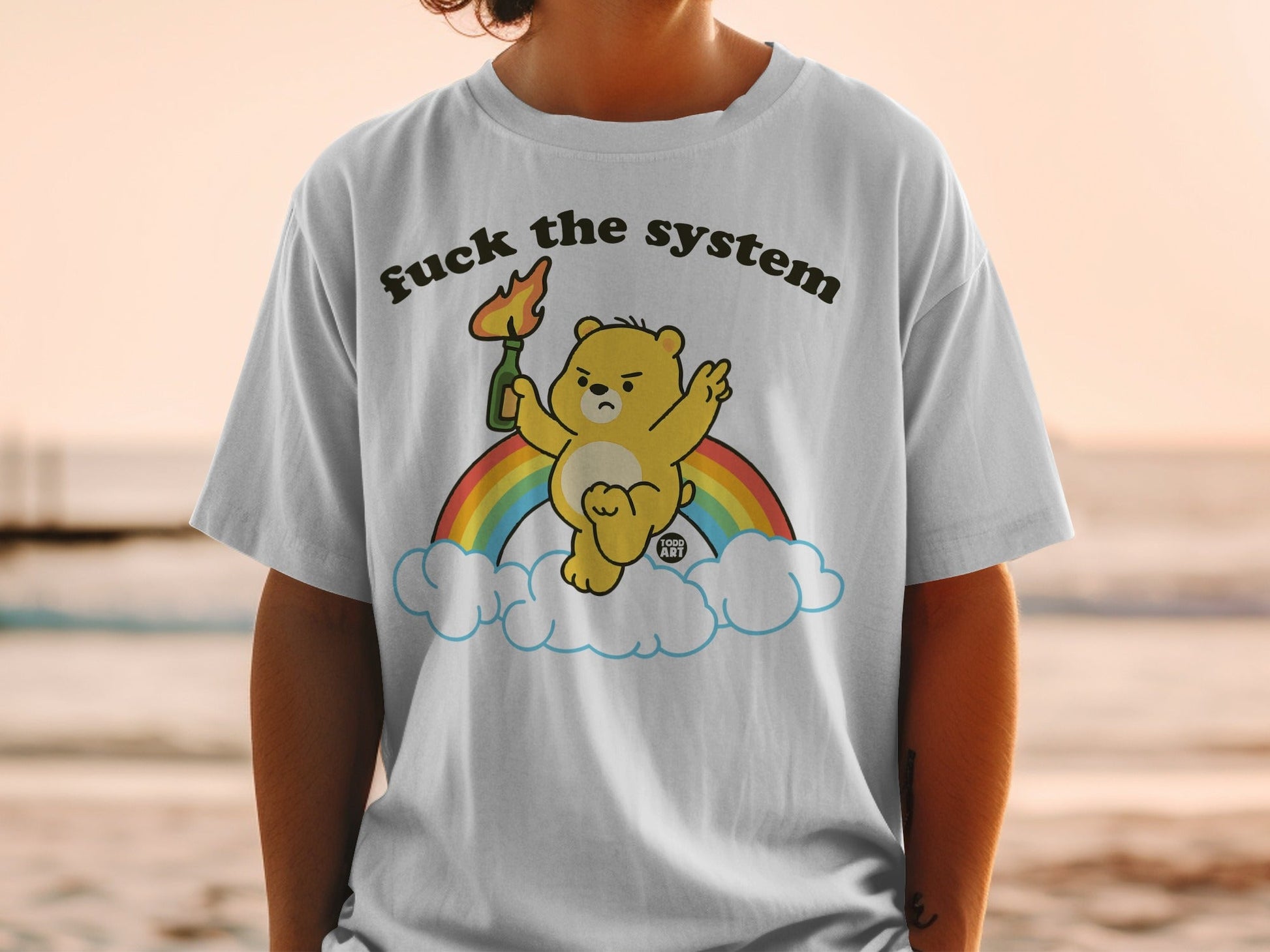 Fuck the System Angry Bear Graphic T-shirt