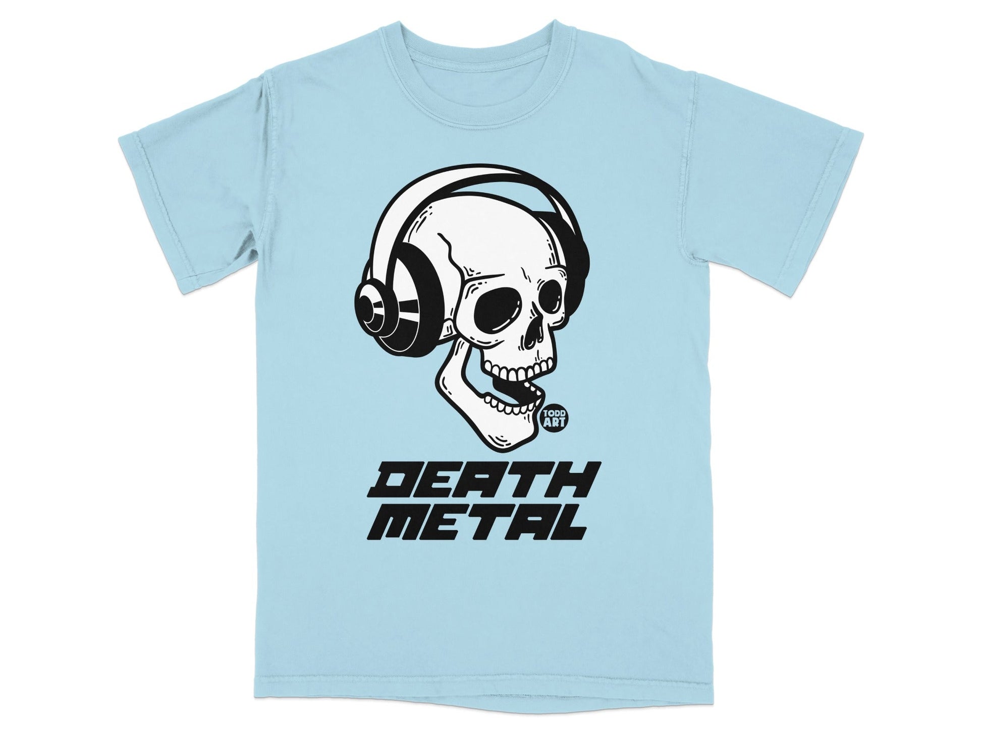 Light blue t-shirt with black skull wearing headphones and "DEATH METAL" text.
