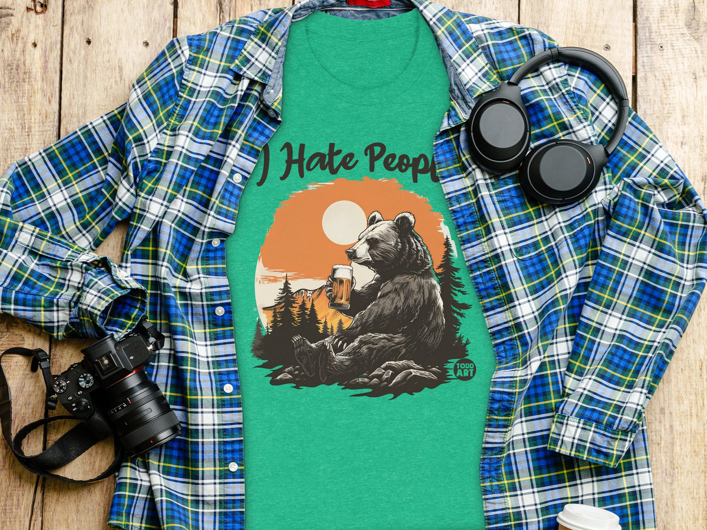 Bear Drinking Beer I Hate People Graphic T-Shirt