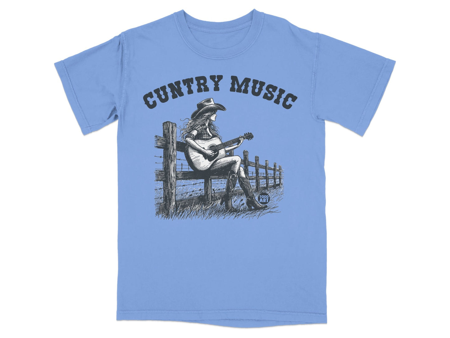 Blue t-shirt with "Country Music" text and illustration of a woman playing guitar.