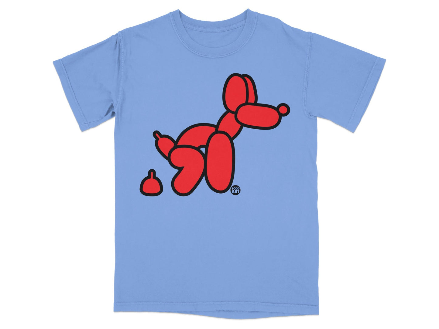 Blue t-shirt with a red balloon dog and poop illustration.