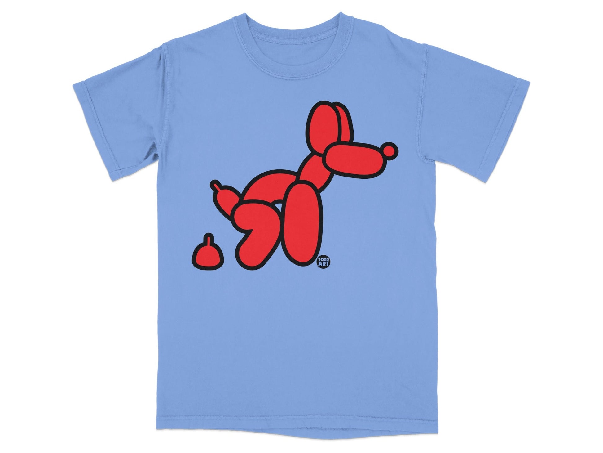 Blue t-shirt with a red balloon dog and poop illustration.