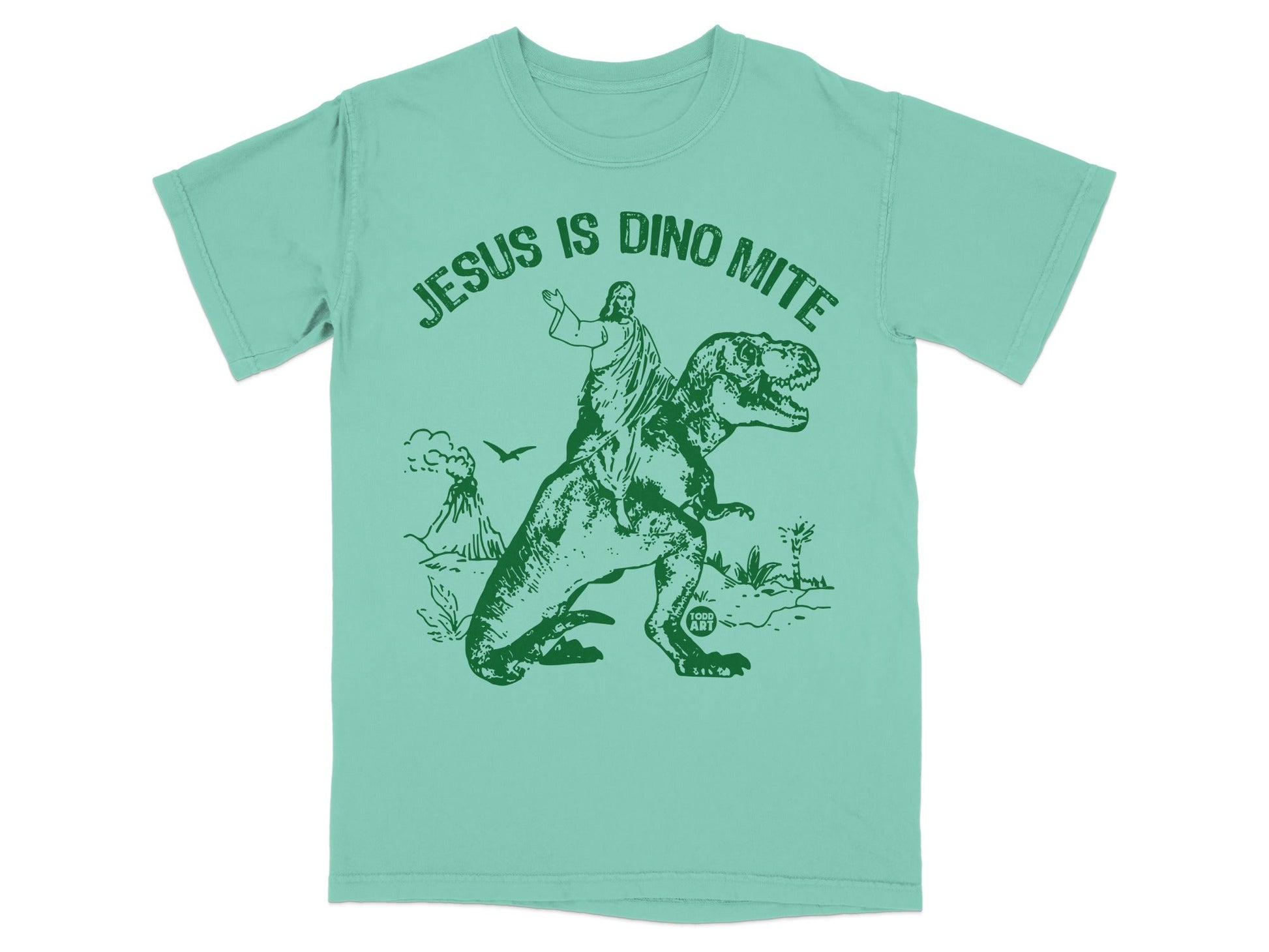Jesus riding a dinosaur, with volcanoes in the background.