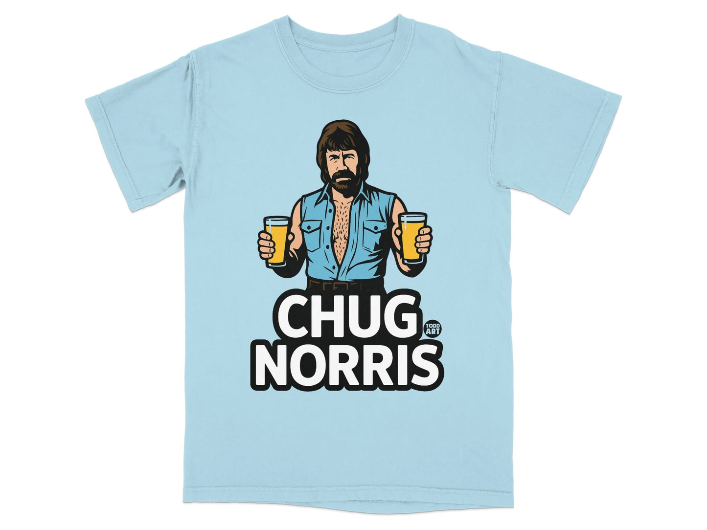 Light blue t-shirt with "CHUG NORRIS" text and illustration of Chuck Norris holding two beers.