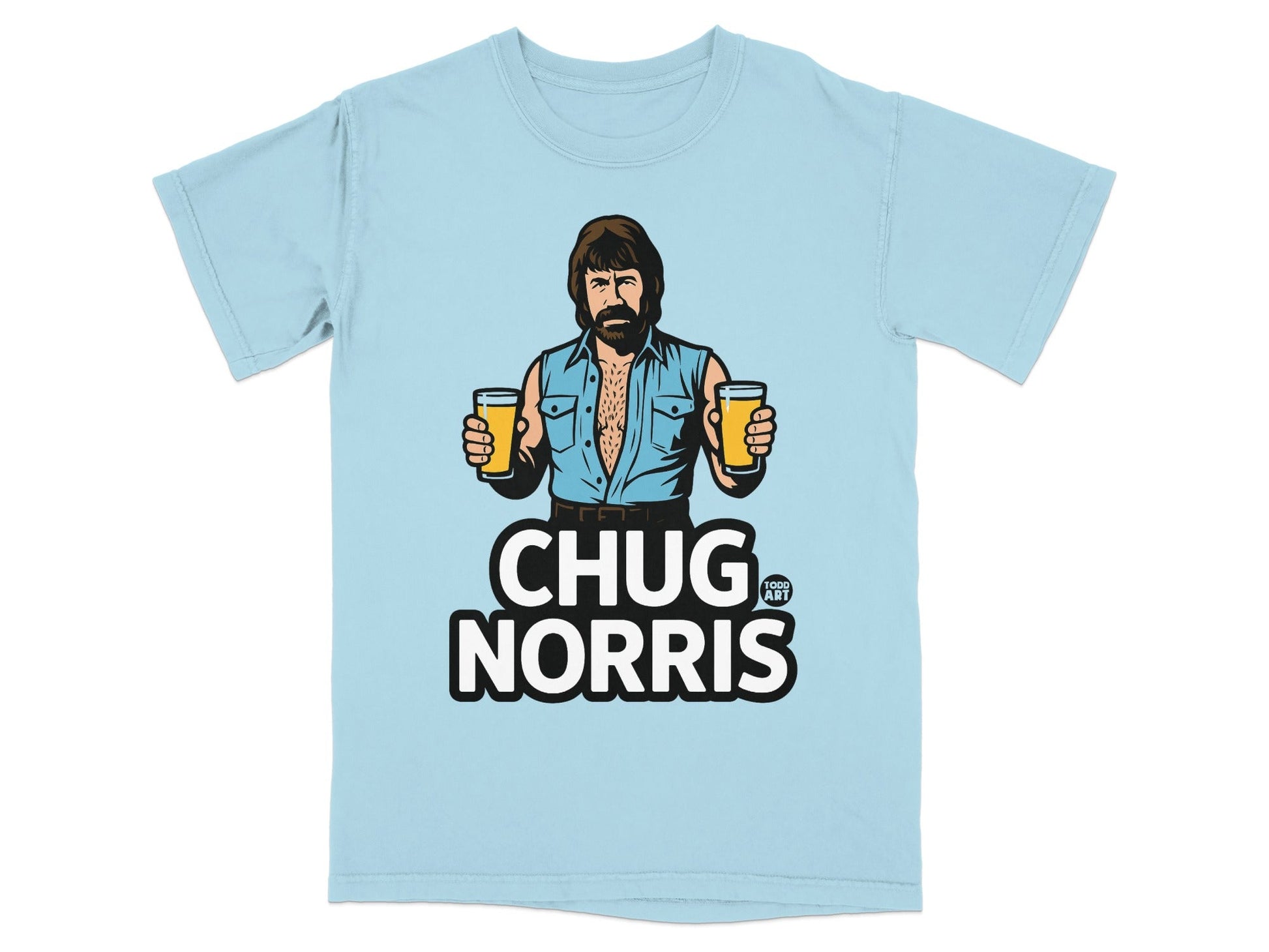 Light blue t-shirt with "CHUG NORRIS" text and illustration of Chuck Norris holding two beers.