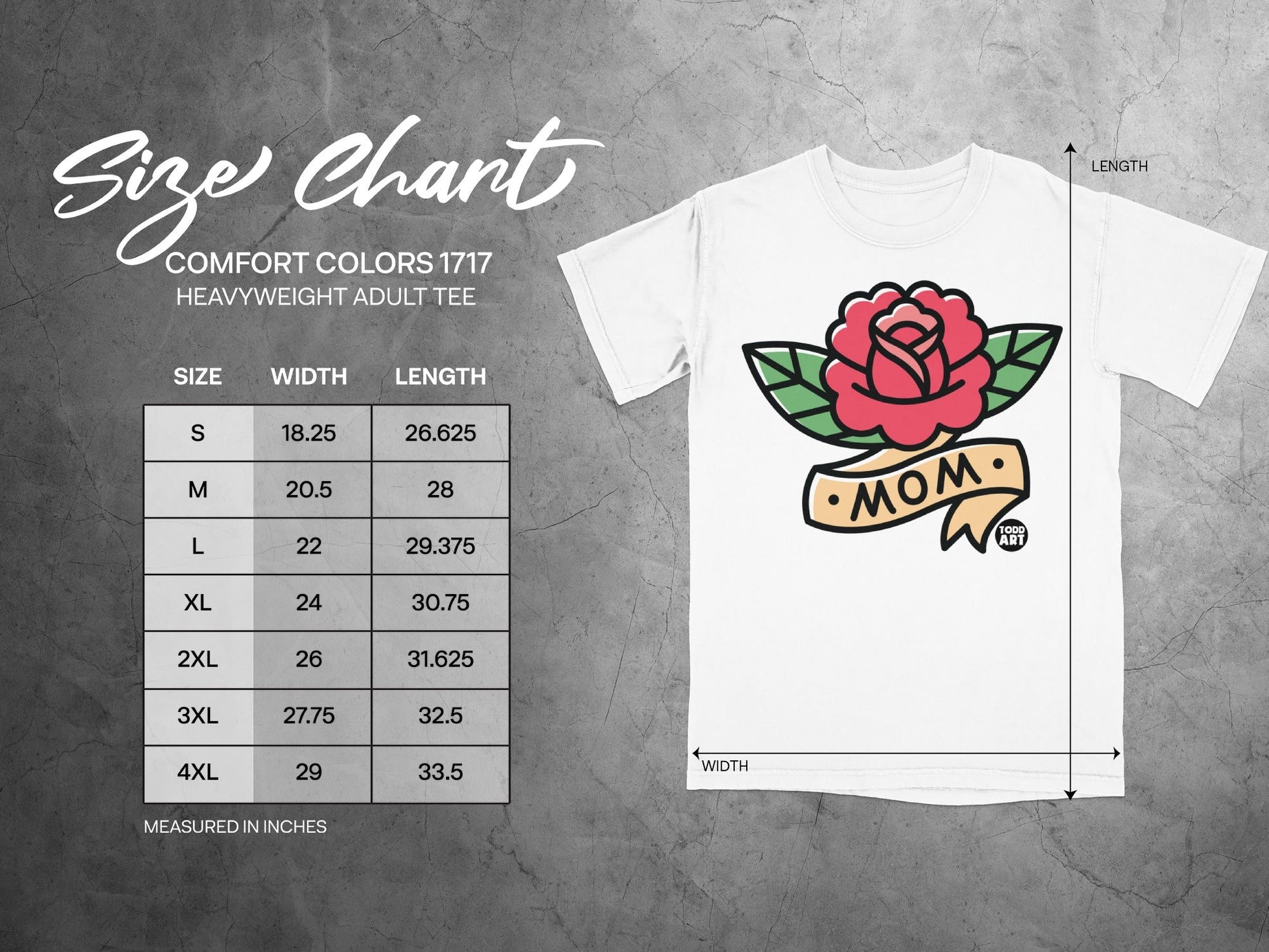 Comfort Colors 1717 heavyweight t-shirt size chart with measurements.