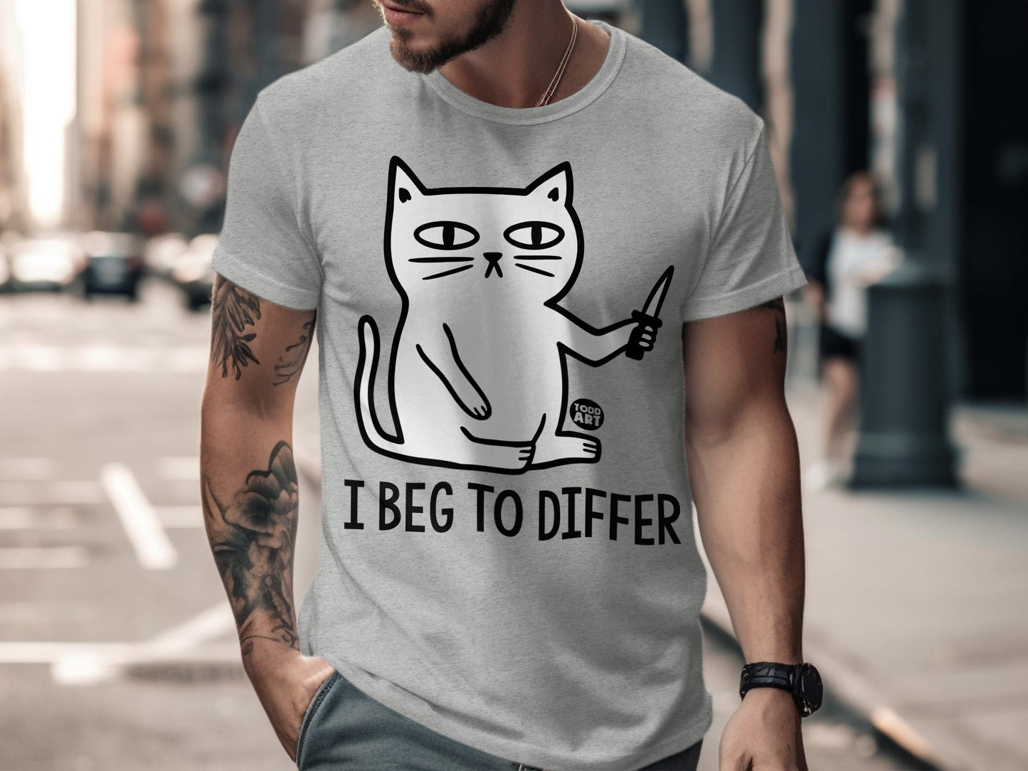 I Beg To Differ Cat Holding Knife Graphic T-Shirt