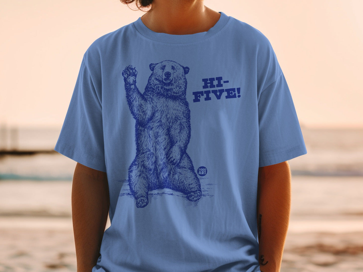 Blue T-Shirt with Hi-Five Bear Graphic Design