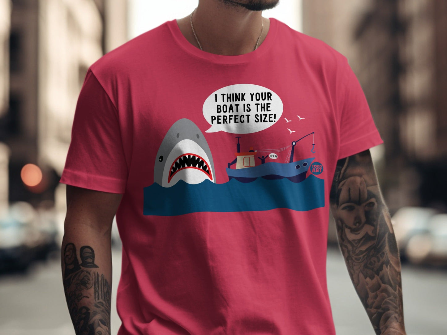 Shark threatening a small blue boat with text "I THINK YOUR BOAT IS THE PERFECT SIZE!"