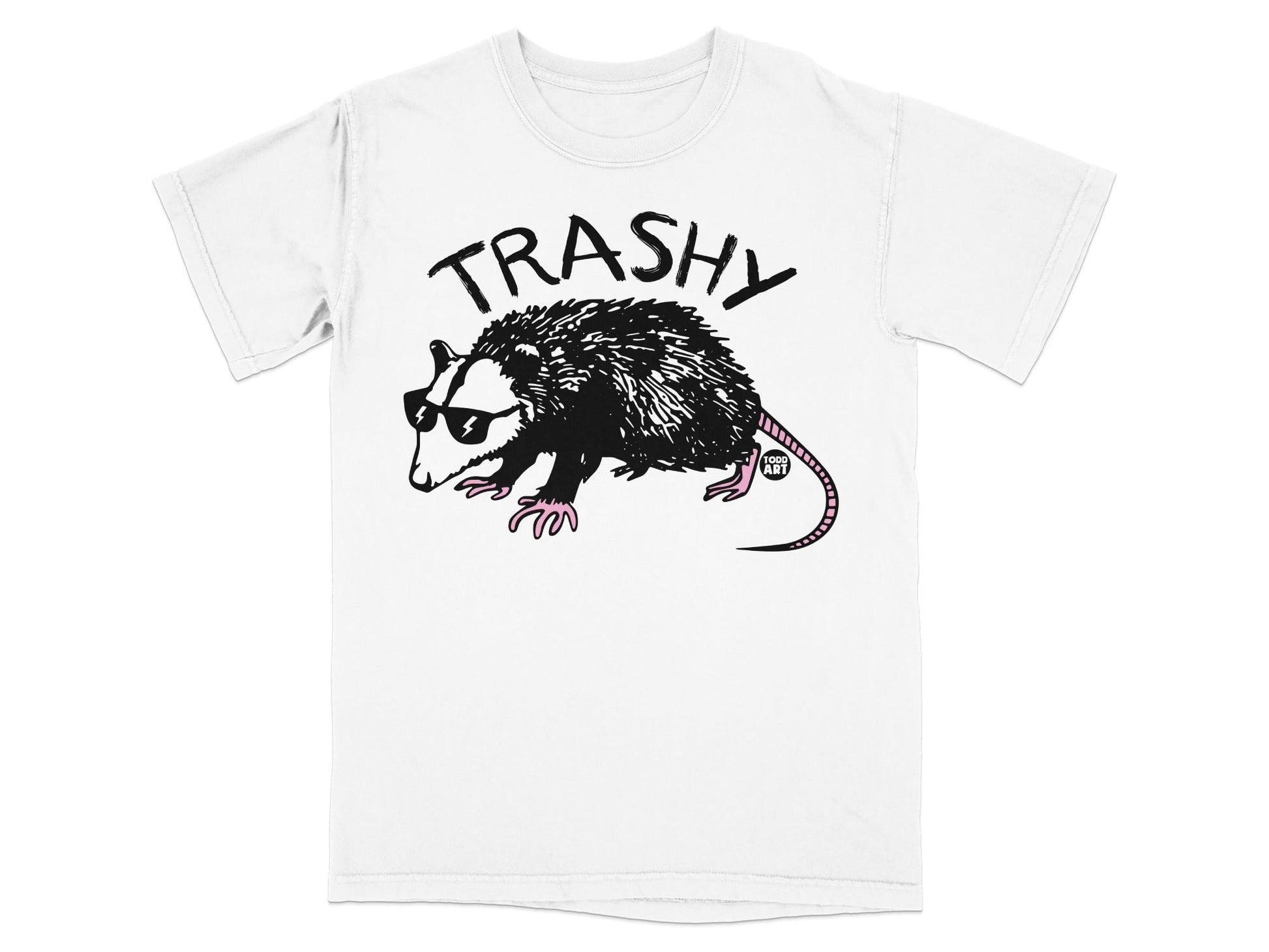 White t-shirt with black graphic of a raccoon wearing sunglasses and the word "TRASHY".
