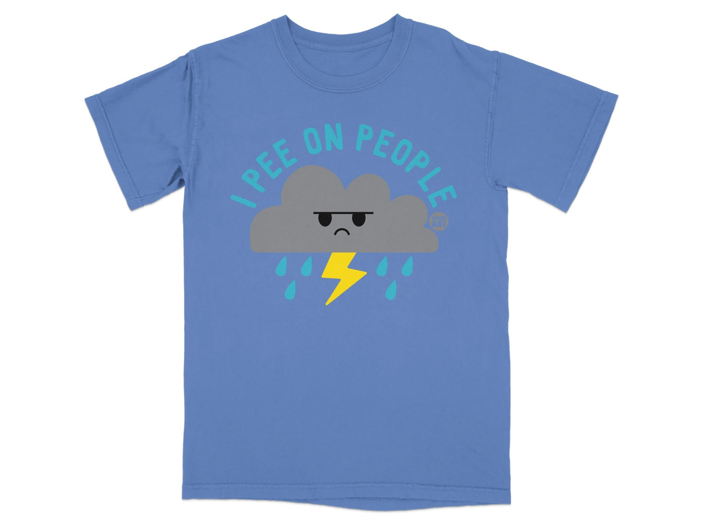 T-shirt with a grumpy cloud graphic and text "I pee on people".