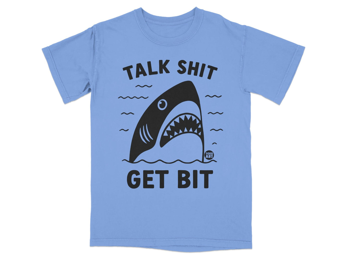 Light blue t-shirt with shark graphic and text "TALK SHIT GET BIT".