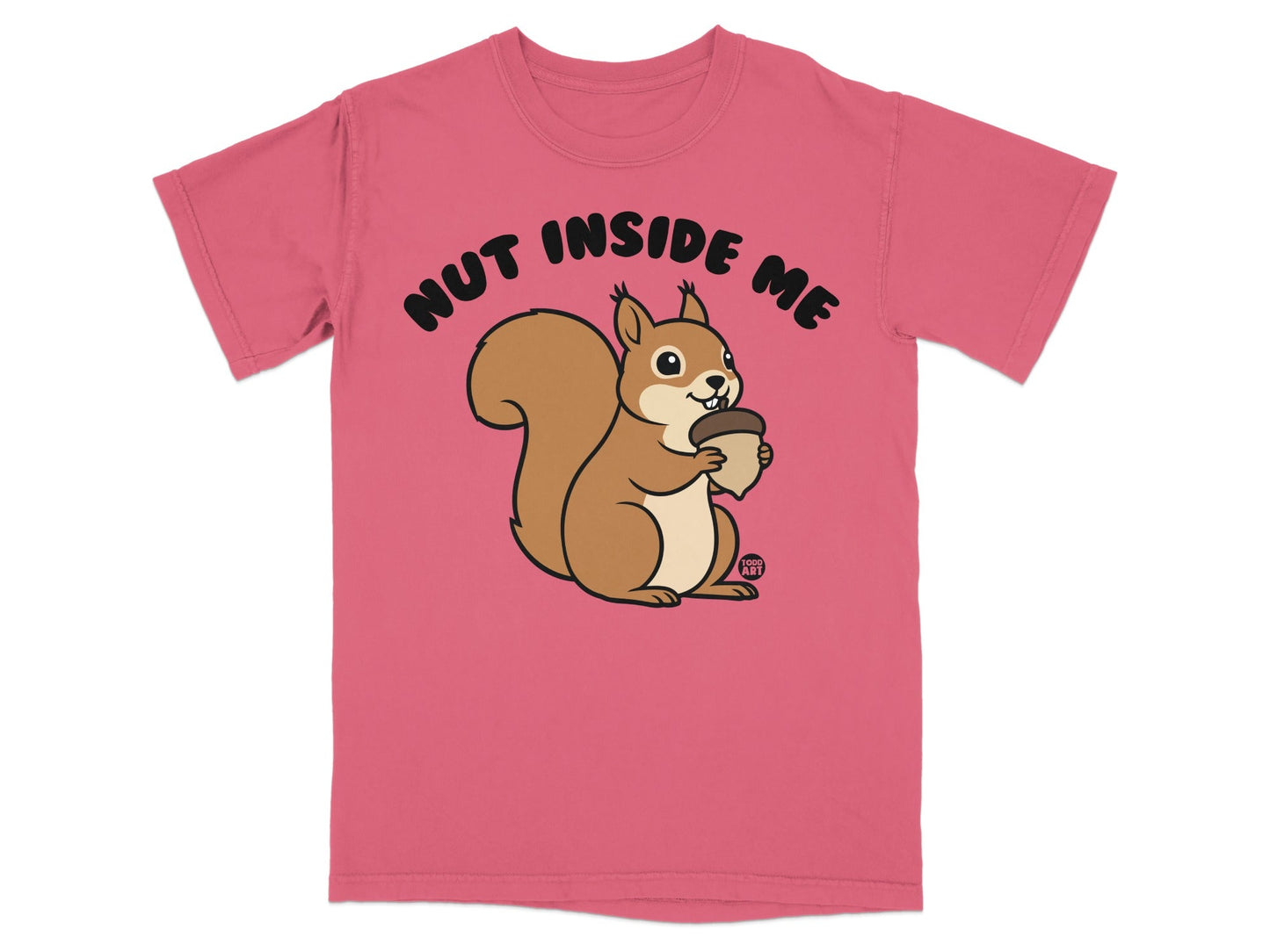 Cartoon squirrel holding an acorn with text "NUT INSIDE ME".