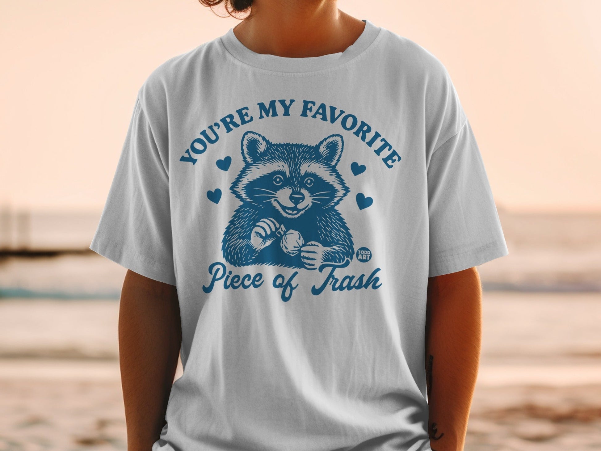 T-shirt with raccoon illustration and "You're My Favorite Piece of Trash" text.