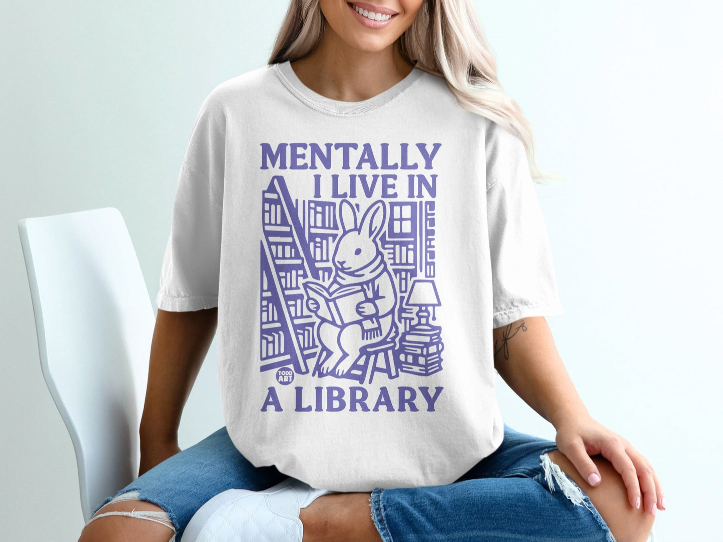 Mentally I Live In A Library Cute Bunny Reading Shirt