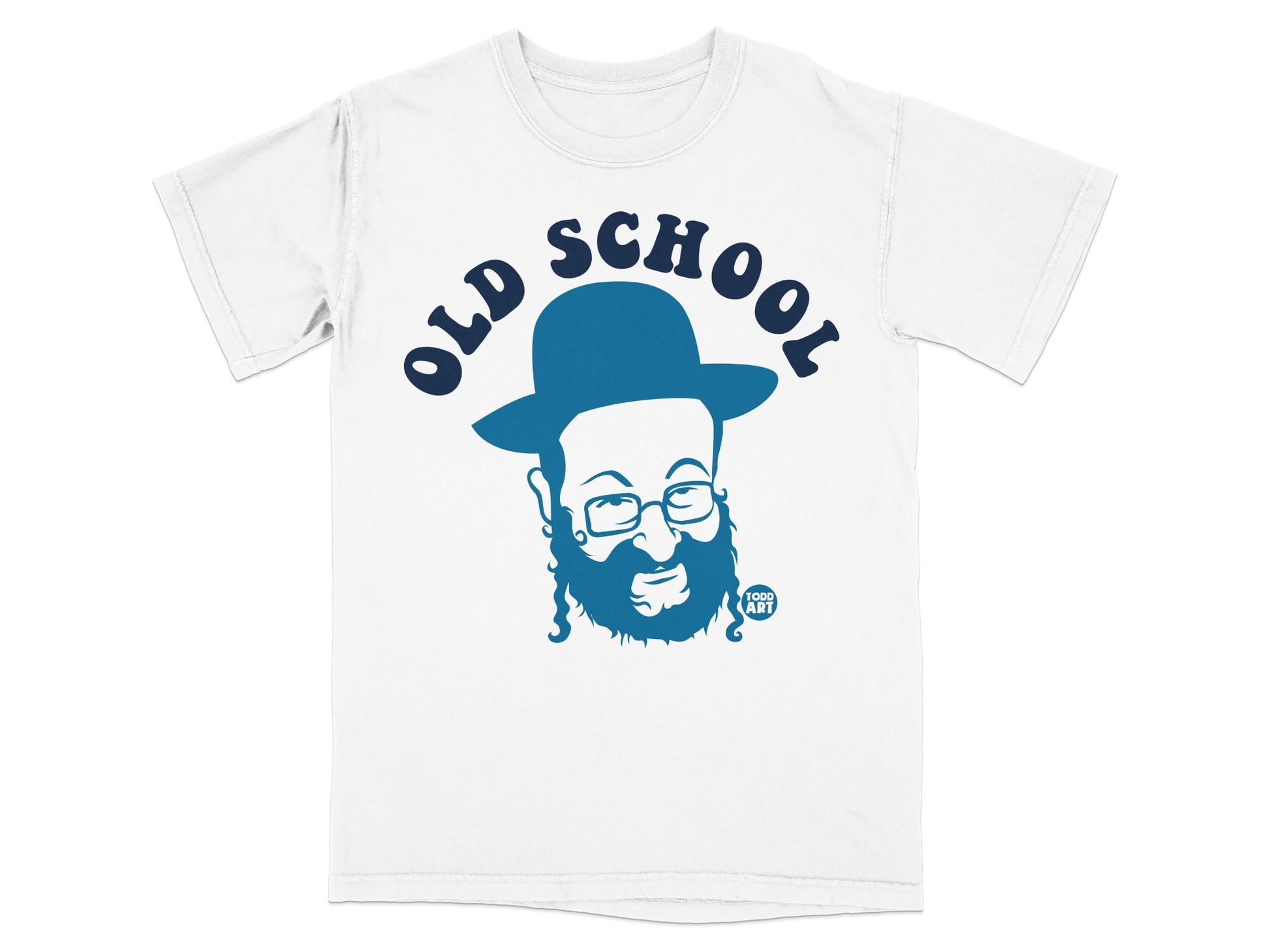 White t-shirt with blue graphic of a man wearing a hat, with "OLD SCHOOL" text.