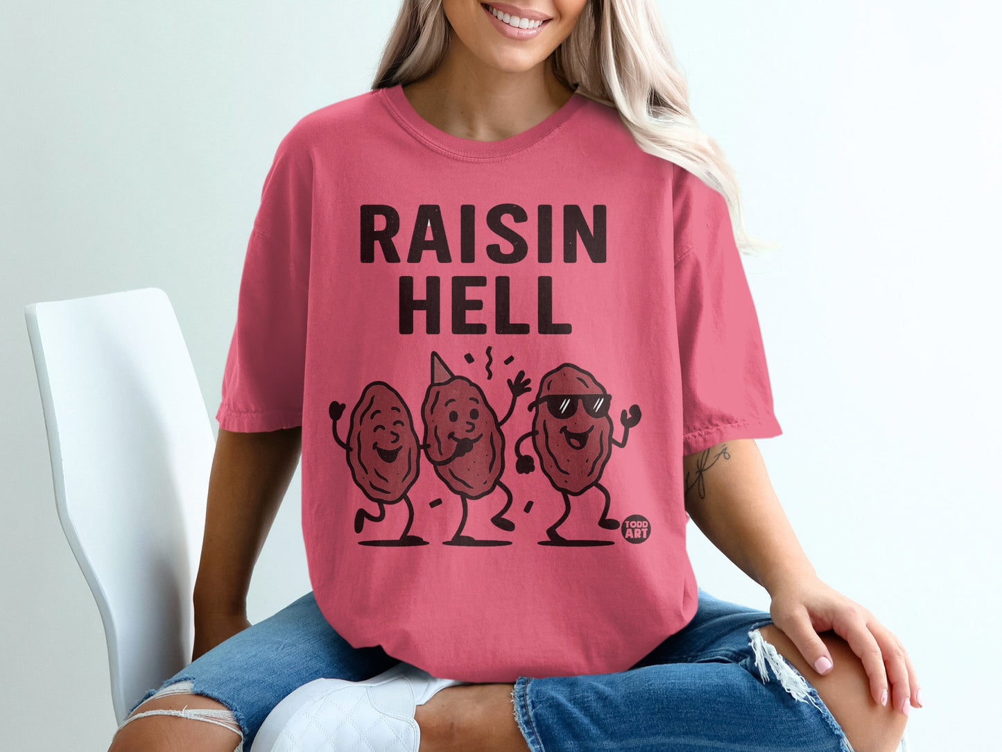 Raisin Hell Dancing Raisins Fun Pink Graphic T-Shirt product type