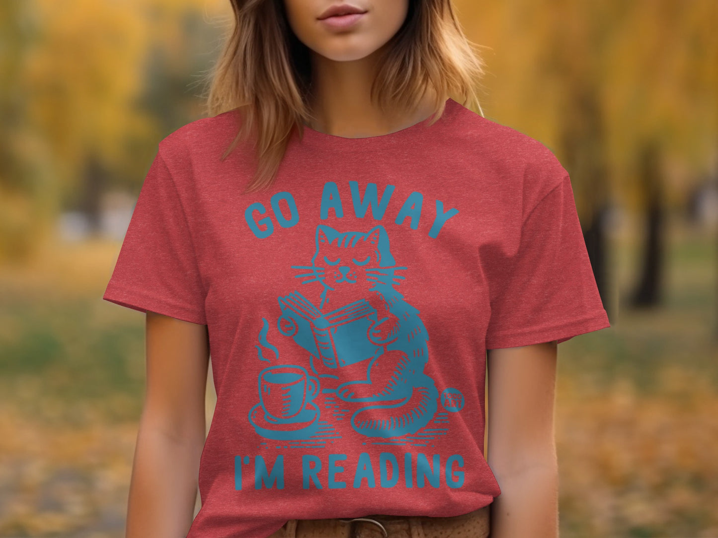 Go Away I'm Reading Cat Design Red T-Shirt