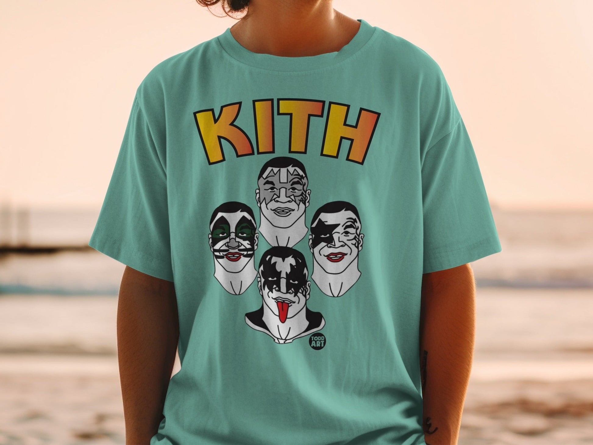 Kith t-shirt featuring KISS band members Gene Simmons, Paul Stanley, Ace Frehley, and Peter Criss.