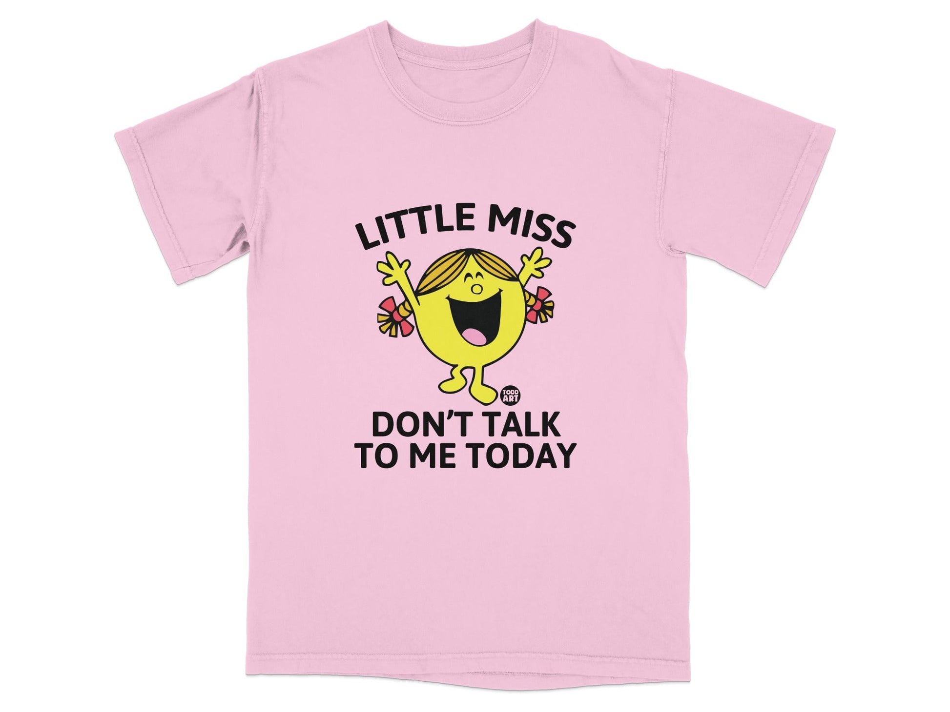 Pink t-shirt with "Little Miss Don't Talk To Me Today" text and cartoon character.